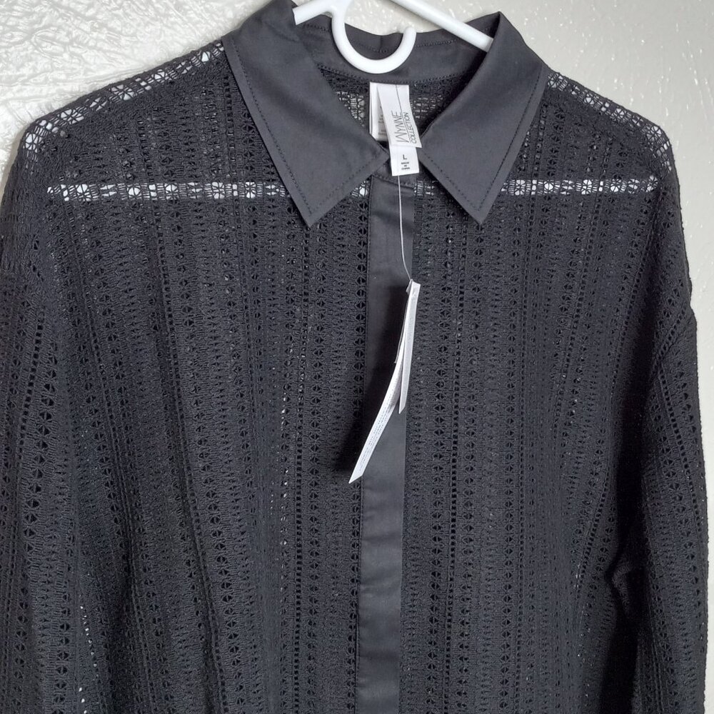 Wynn Collection Black Eyelet Button-Up Shirt Elegant Breathable Size Large‎